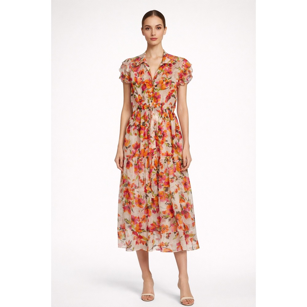 Misa Los Angeles Floral Print Maxi Dress Orange Short Sleeve Tiered Midi xs/s